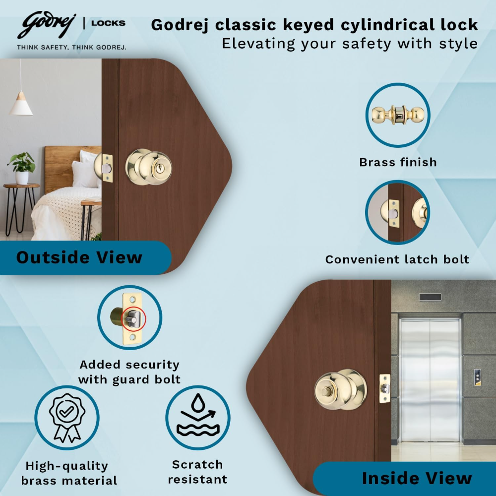Godrej Cylindrical Lock | 3 Keys |For bedroom doors, Internal Wooden Door | 6cm 60mm Backset | Suitable for Left Right Handed & Inside Outside Opening |Brass Finish | 5 Year Warranty